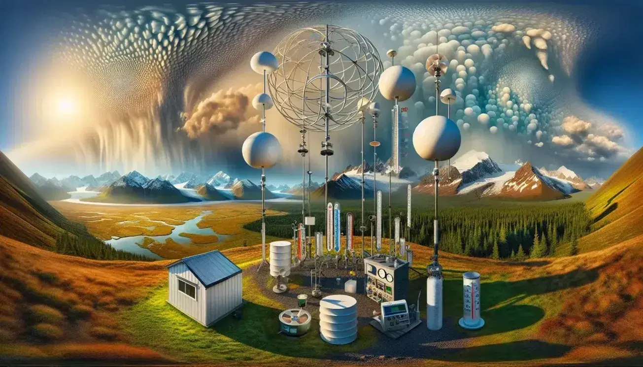 Stazione meteorologica con anemometro, termometro e pluviometro su prato, montagne innevate, foresta e deserto sotto cielo variabile con arcobaleno.