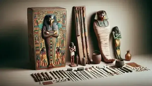 Collection of ancient Egyptian artifacts with painted sarcophagus, mummy replica, bronze tools and deity figurines on neutral background.