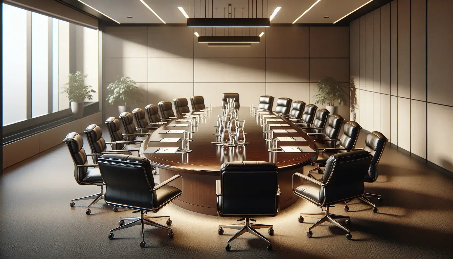 Elegant boardroom with a large oval wooden table, black leather chairs, water pitchers with glasses, and a vibrant potted plant in the corner.