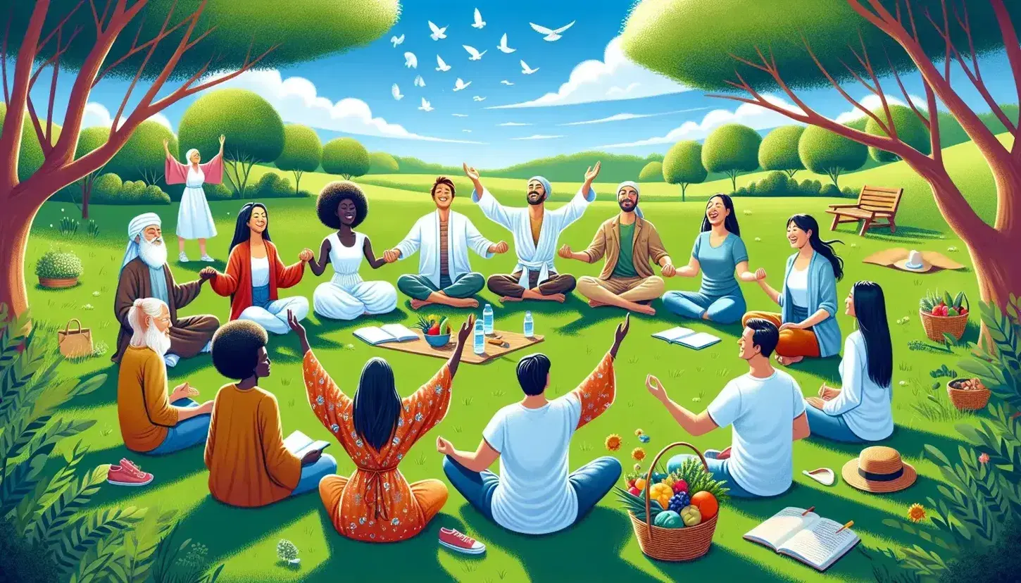 Multi-ethnic group sitting in a circle on green grass, practicing healthy activities outdoors, with fruit and vegetable basket in the center.