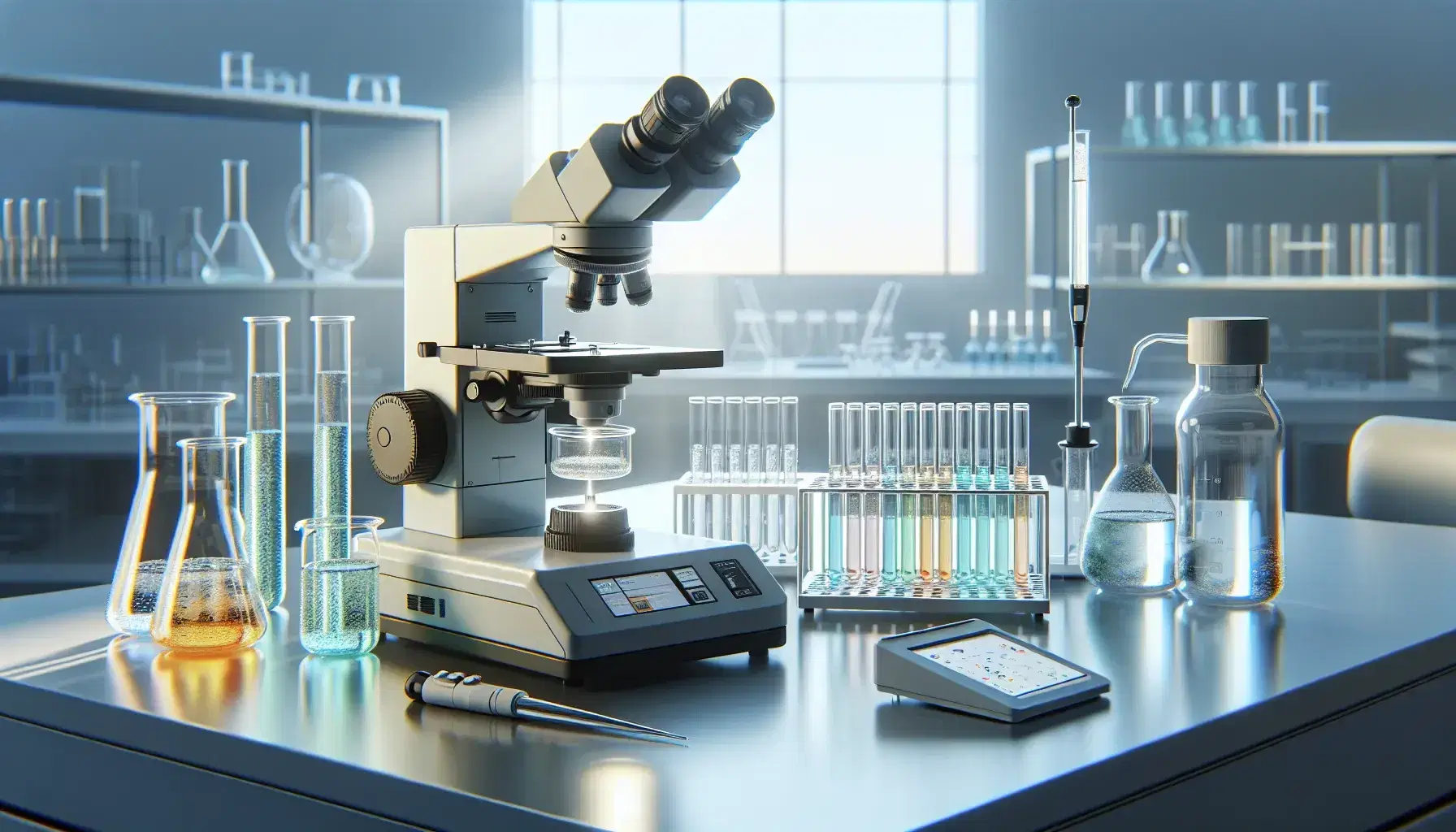 Laboratorio di ricerca moderno con microscopio elettronico, provette colorate, agitatore magnetico e pipetta automatica sotto luce naturale e artificiale.