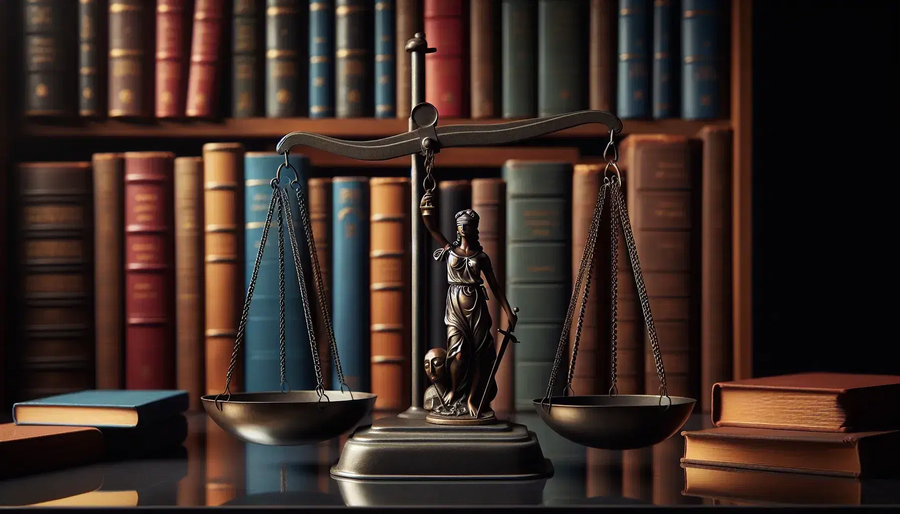 Bilancia a bracci con libri impilati su un piatto e statuetta di Giustizia con spada e bilancia sull'altro, su tavolo riflettente.
