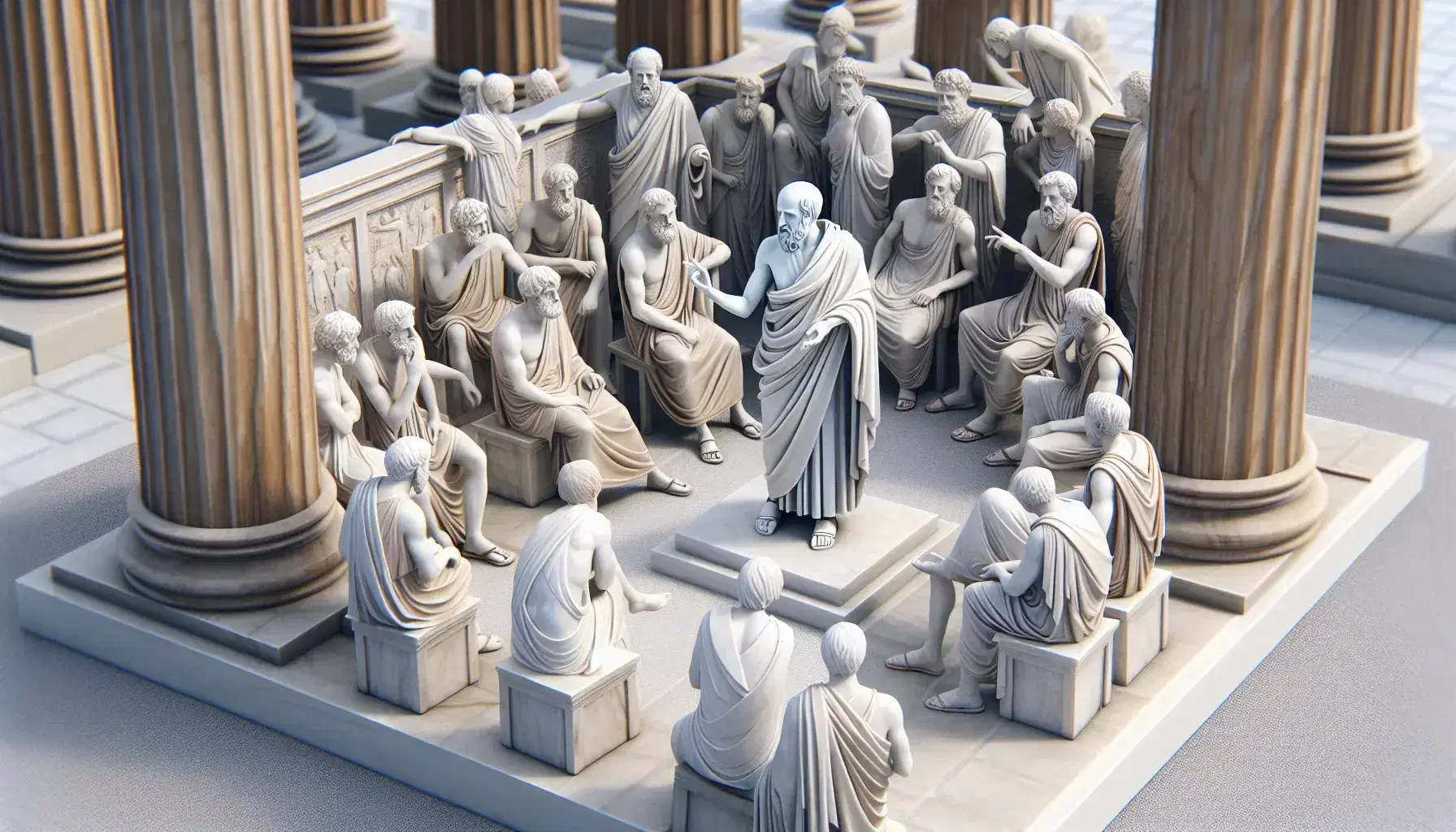 Statua di marmo di Platone in un'agora greca con uomini in dialogo, colonne doriche sullo sfondo e cielo azzurro.