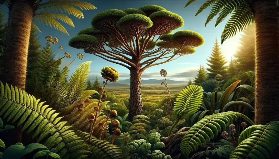 Helechos con hojas segmentadas y árbol de tronco marrón y hojas verdes en un entorno natural, con planta de flores amarillas y cielo azul parcialmente nublado.
