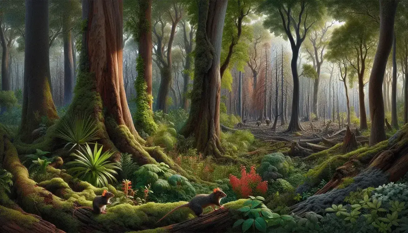 Bosque denso con árboles de troncos gruesos y follaje verde intenso, suelo con flores coloridas y un pequeño mamífero forrajero, trasfondo de área forestal regenerándose tras incendio.