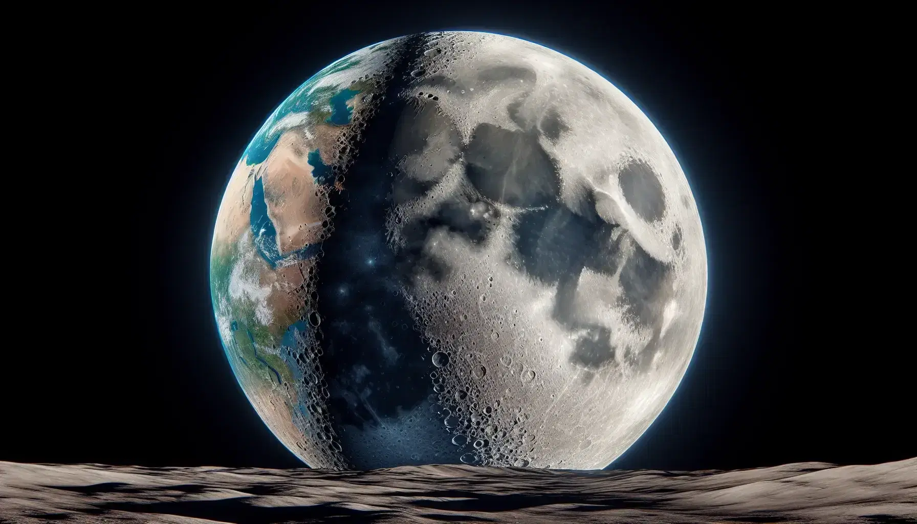 Vista della superficie lunare craterizzata con la Terra colorata all'orizzonte che mostra oceani, nuvole e continenti.