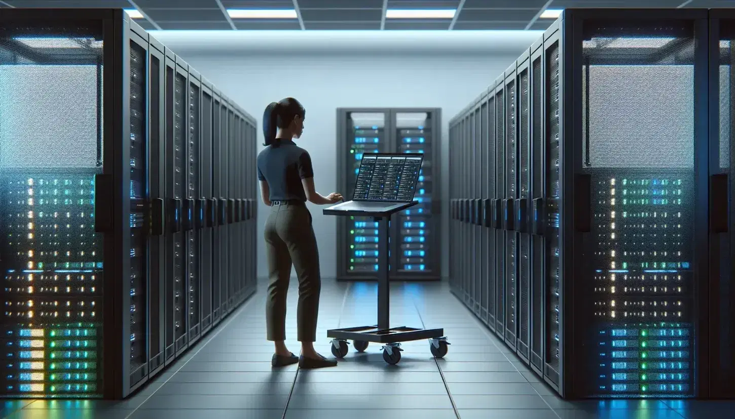 Modern server room with black racks and LED lights, gray raised floor, Hispanic technic at laptop on mobile stand.