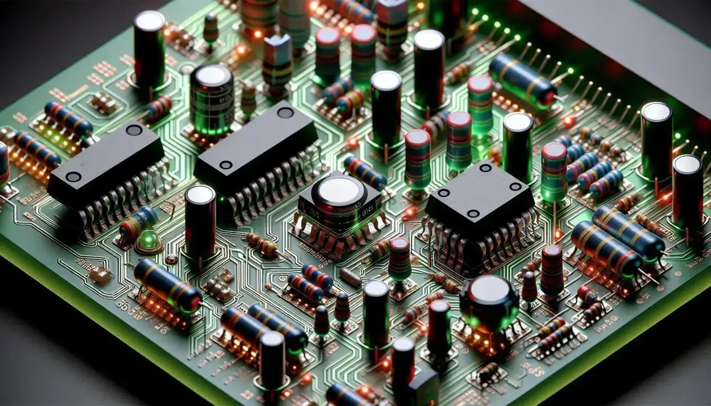 Close-up of a green printed circuit board with electronic components, black ICs, capacitors, resistors and unlit colored LEDs.