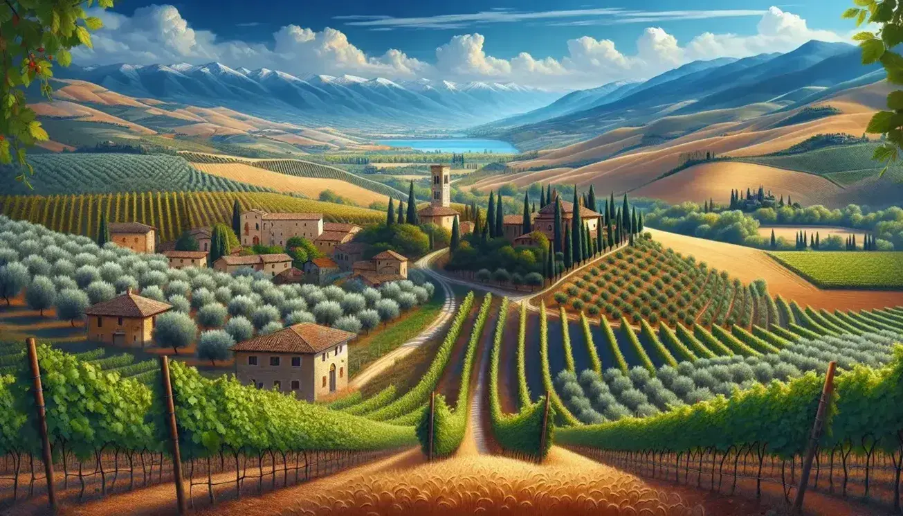 Panorama italiano con vigneto, uliveto, campo di grano, villaggio medievale su collina, montagne innevate e lago riflesso sotto cielo azzurro.