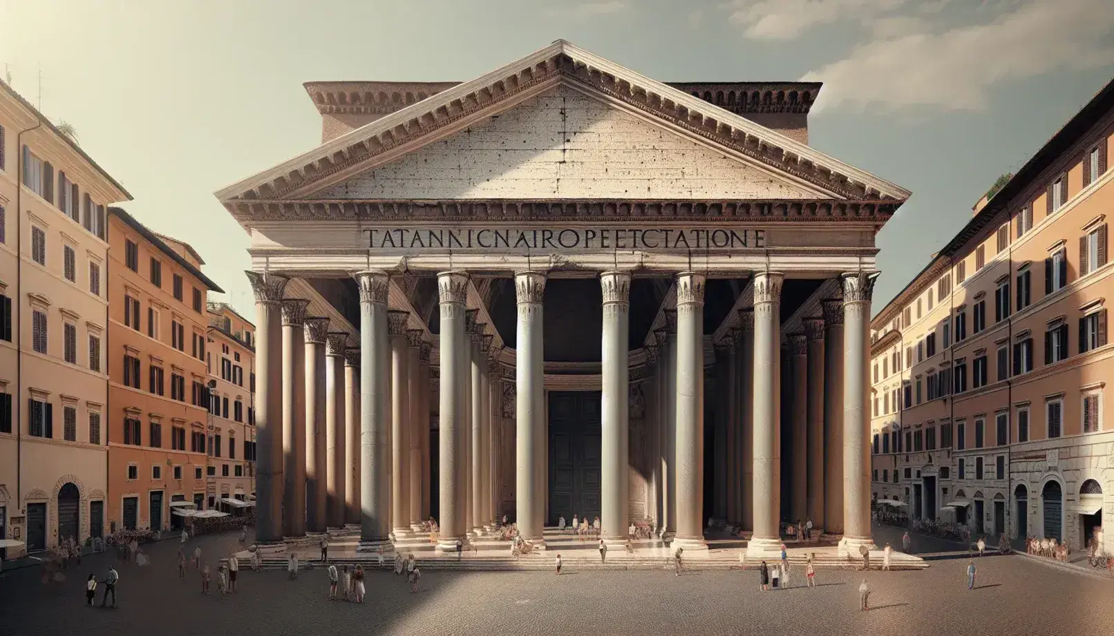 Vista frontale del Pantheon a Roma con colonne corinzie e pedimento triangolare su cielo azzurro, persone in piazza.