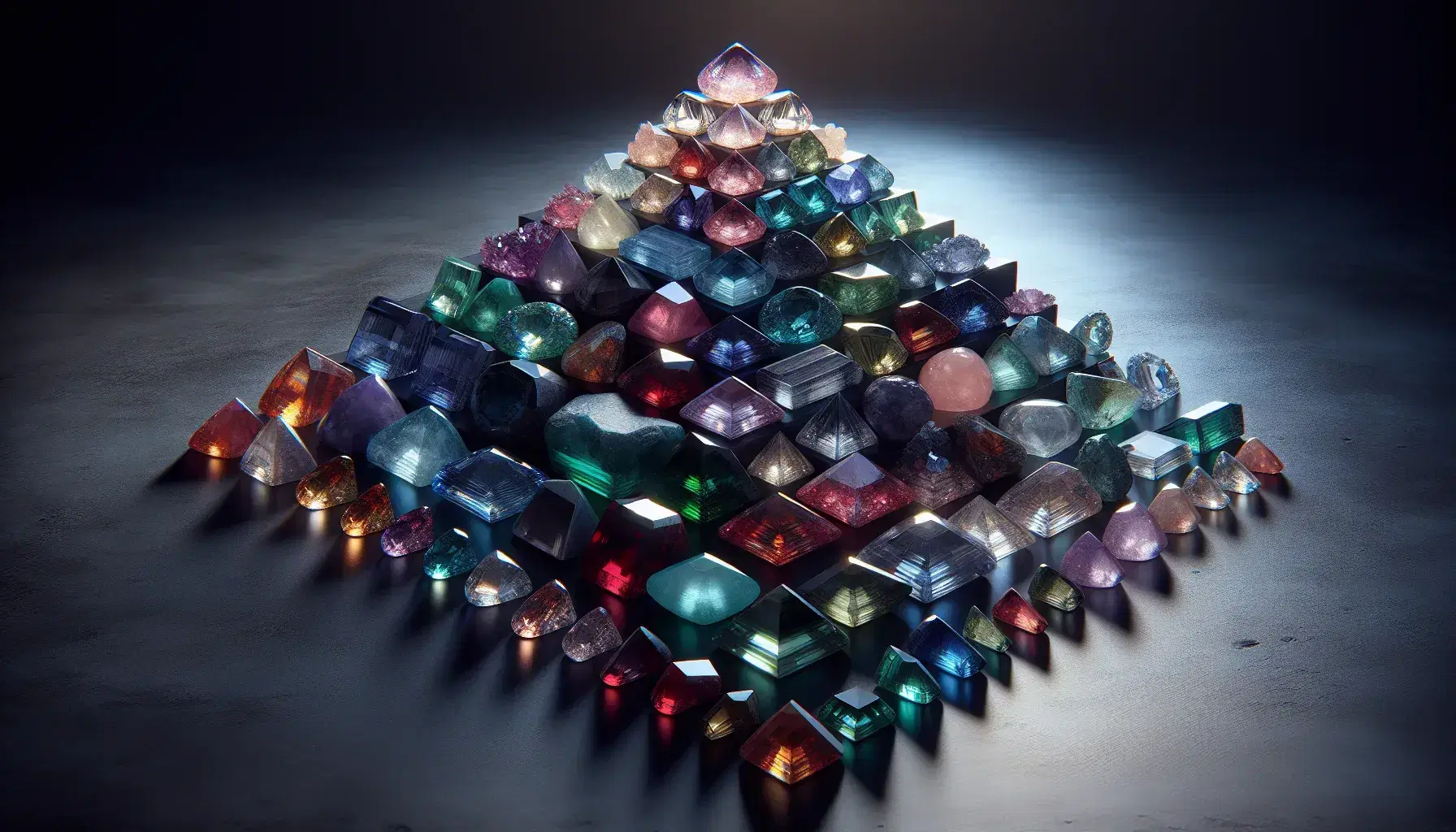Colored rough gems arranged in a pyramid structure on a dark surface, with shades from deep blue to translucent quartz.