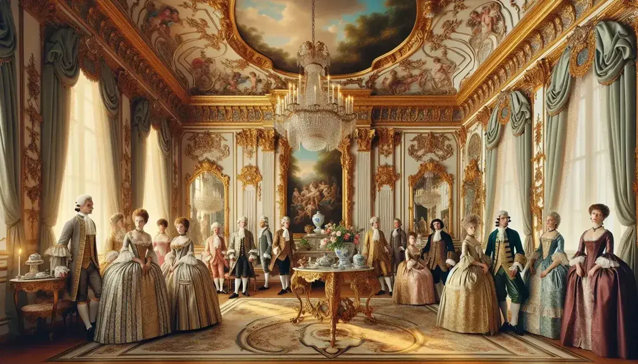 Salón estilo rococó con individuos en trajes de época, paredes ornamentadas, frescos en el techo y candelabros de cristal.