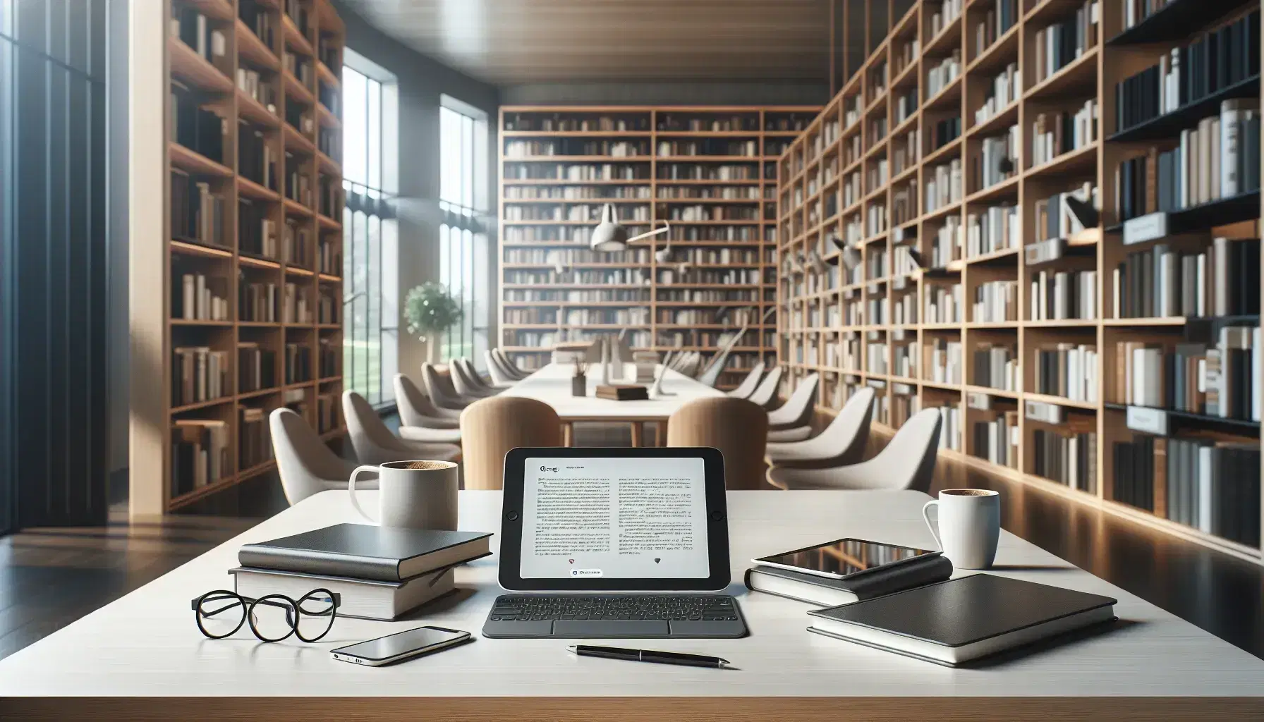 Biblioteca moderna con estantes de madera llenos de libros, mesa de estudio con tablet, laptop, e-reader y smartphone, junto a gafas y taza de café.