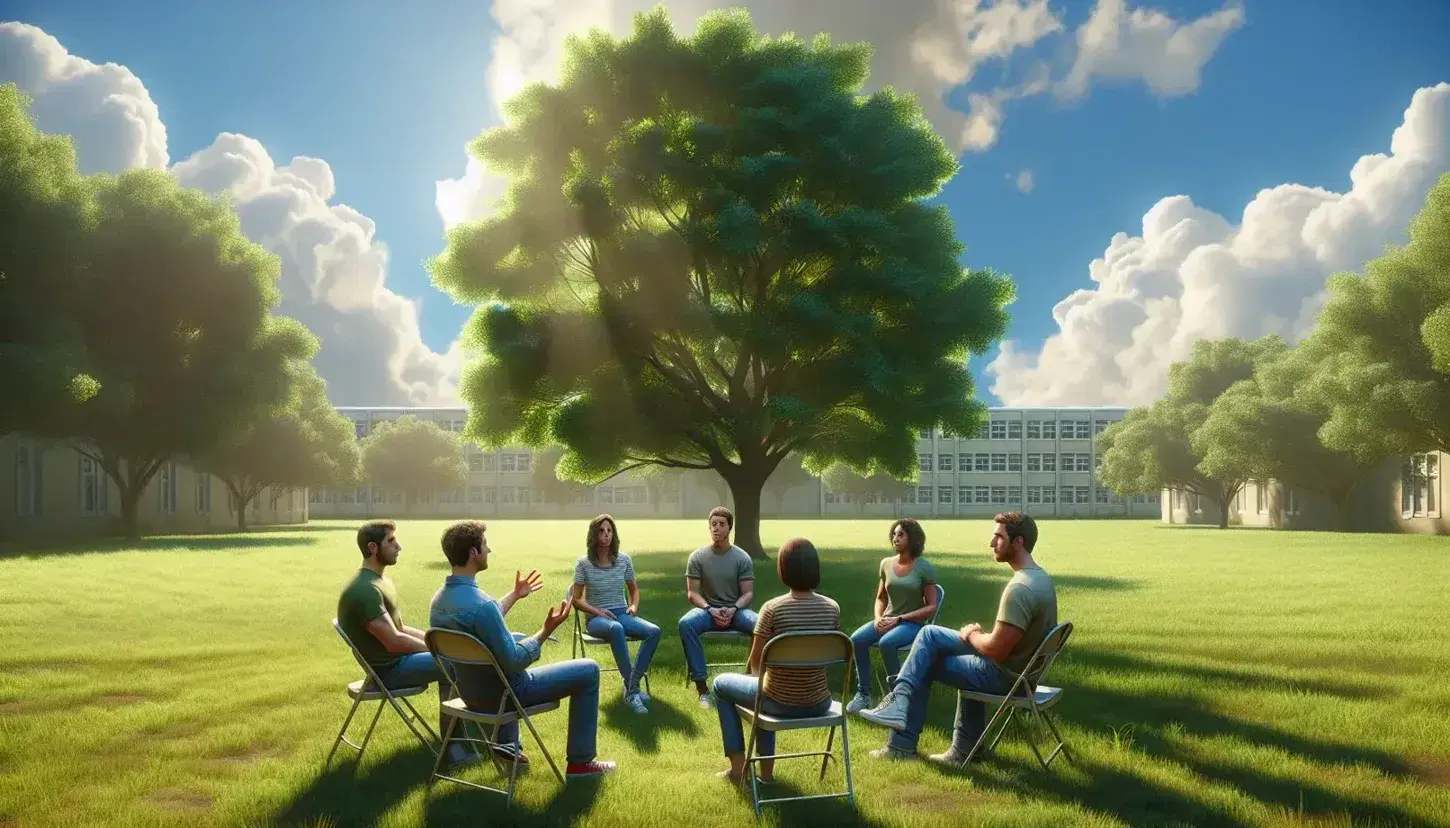 Cinque persone sedute in cerchio su sedie pieghevoli in un prato verde, conversano sotto l'ombra di un albero, con edificio basso e cielo azzurro sullo sfondo.