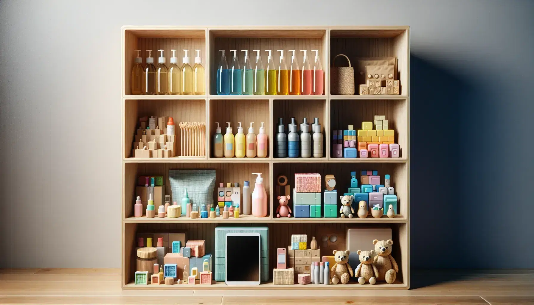 Estante de madera con botellas de vidrio, paquetes de cartón, productos de cuidado personal en colores pastel, juguetes de plástico y dispositivos electrónicos sin marcas visibles.