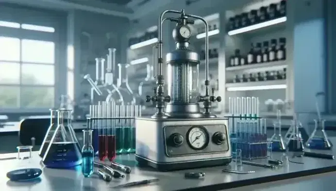 Laboratorio científico con calorímetro metálico y termómetro, tubos de ensayo con líquidos de colores y mechero Bunsen encendido, en un entorno limpio y ordenado.