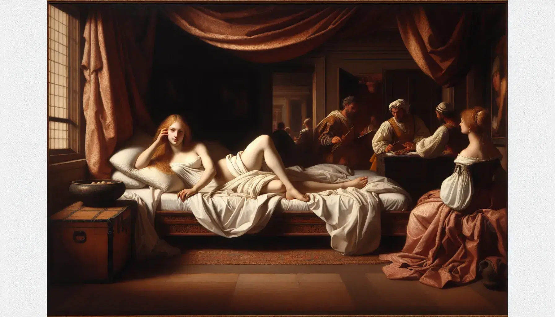 Riproduzione del dipinto 'Venere di Urbino' di Tiziano con donna bionda sdraiata su letto, due figure sullo sfondo in stanza illuminata.