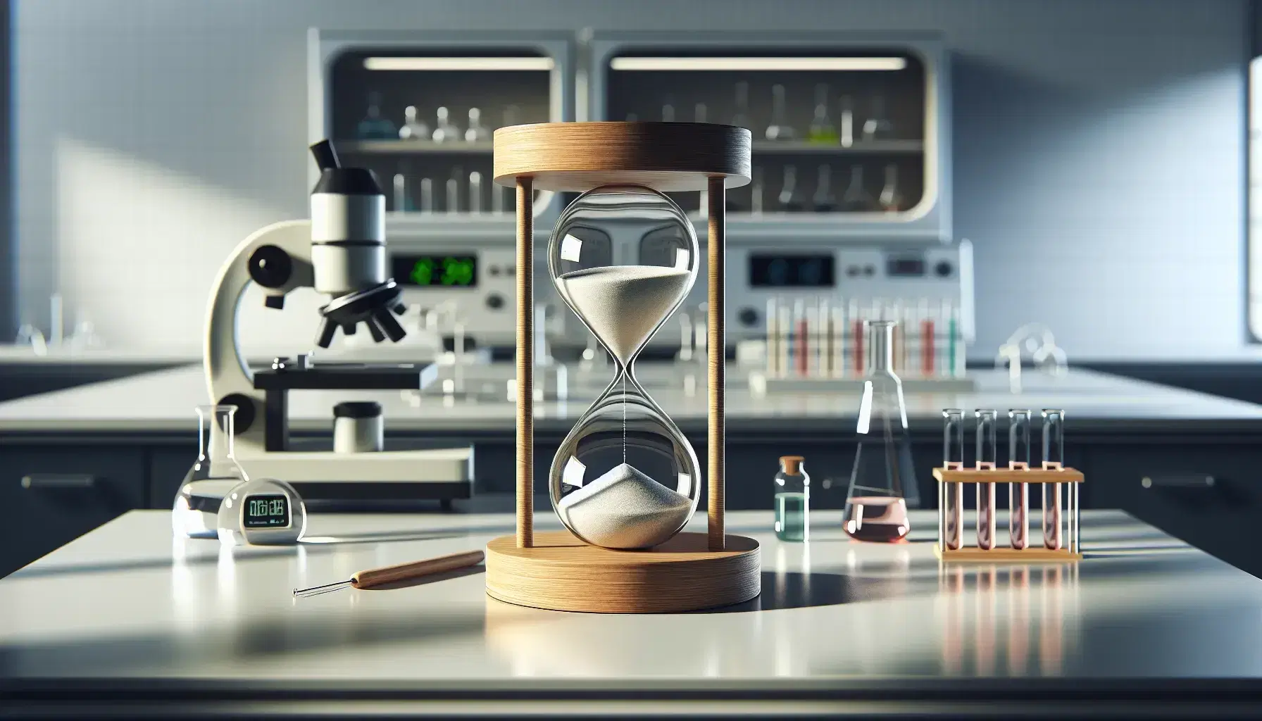 Wooden hourglass with white sand in science laboratory, surrounded by microscope, colorful beakers and digital scale.