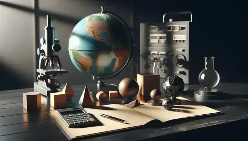 Escritorio de madera oscuro con globo terráqueo, microscopio metálico, figuras geométricas de madera y calculadora científica, iluminado por luz natural.