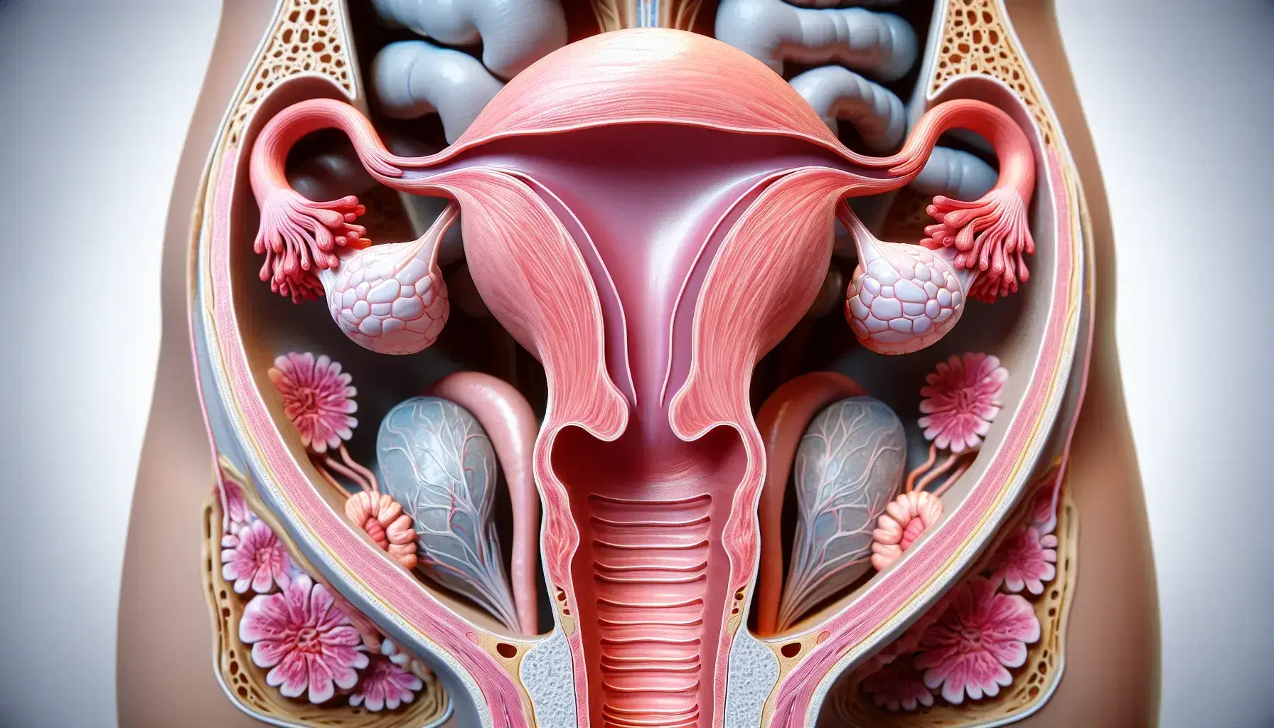 Modelo anatómico tridimensional del sistema reproductor femenino con útero, trompas de Falopio, ovarios y vagina enmarcados por la pelvis ósea.
