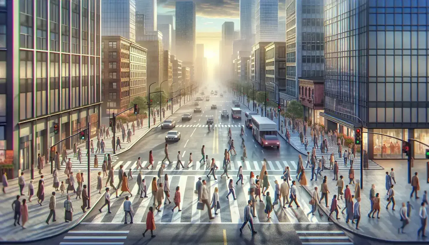 Diverse pedestrians crossing an urban intersection with tall buildings and vehicles, reflecting a vibrant city life under a gradient blue sky.