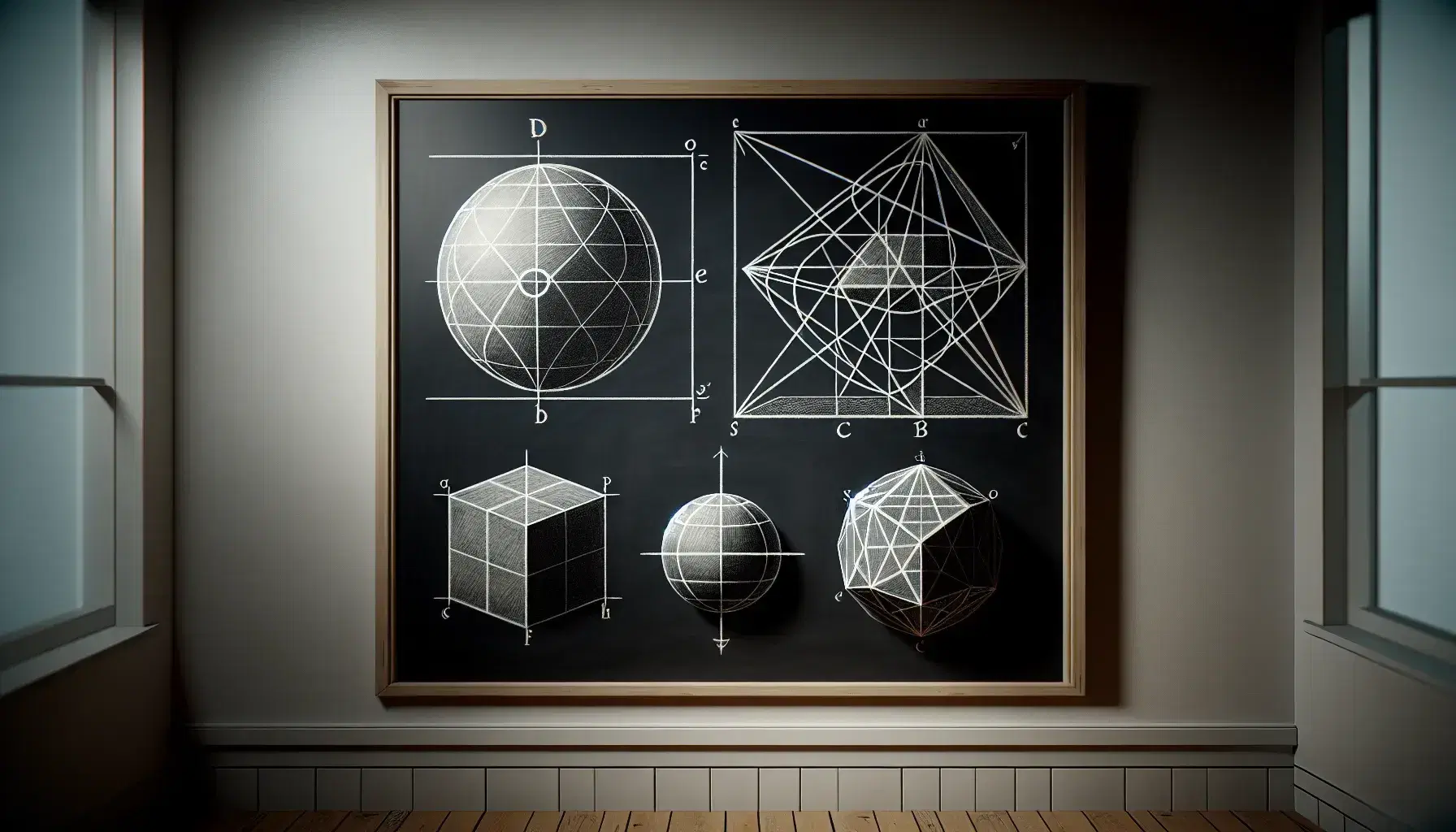 Close-up view of a blackboard with chalk-drawn geometric shapes including a square, equilateral triangle, circle, sphere, cube, and tetrahedron.