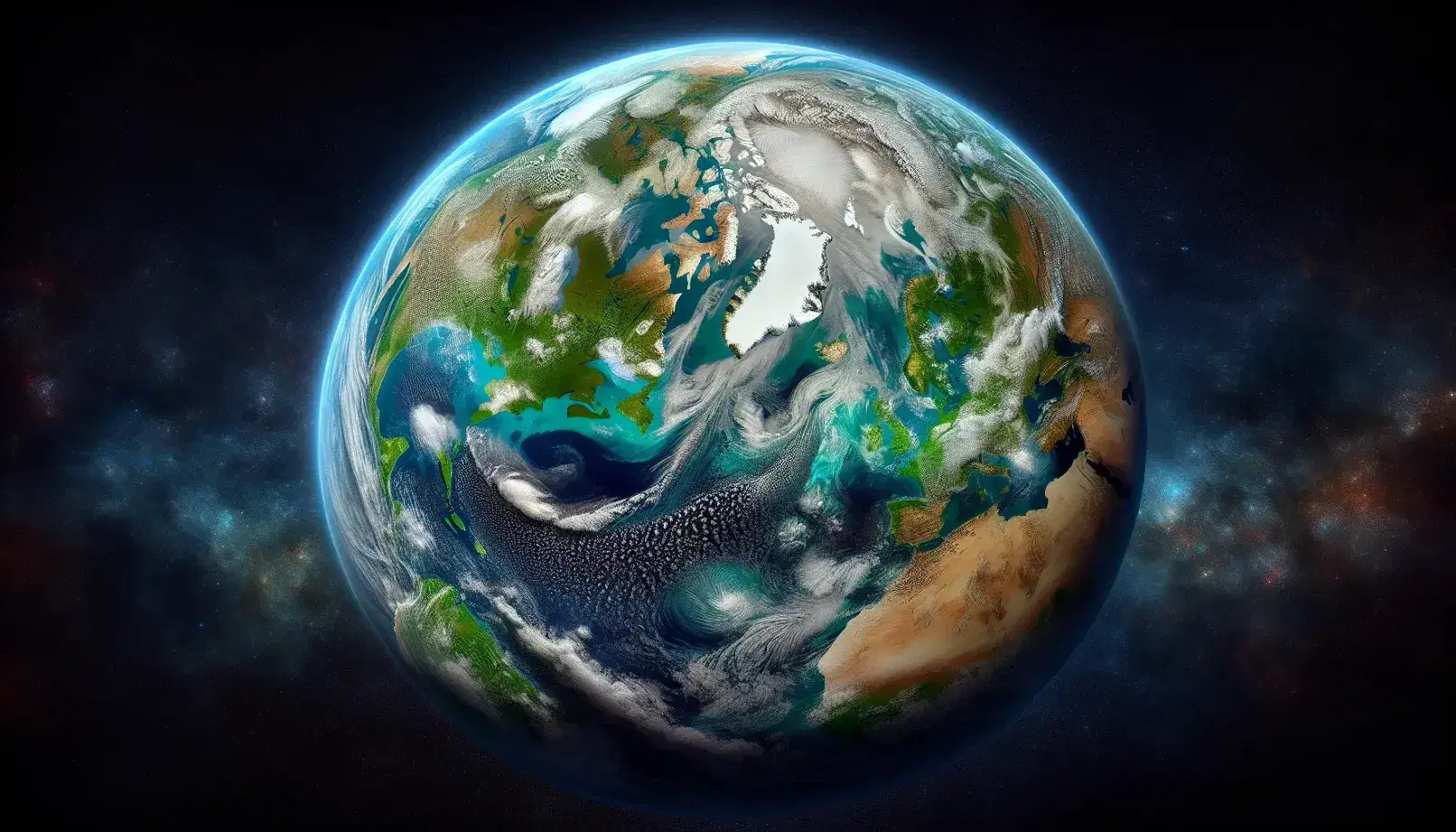 Vista panoramica della Terra dallo spazio con oceani blu, continenti verdi-marroni, nuvole bianche, polo artico ghiacciato e atmosfera azzurra.