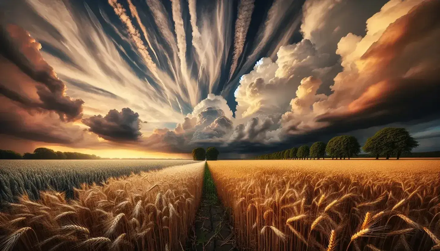 Panorama di un campo di grano dorato con cielo variopinto, nuvole cumulo e cumulonimbo, termometro e anemometro in primo piano.