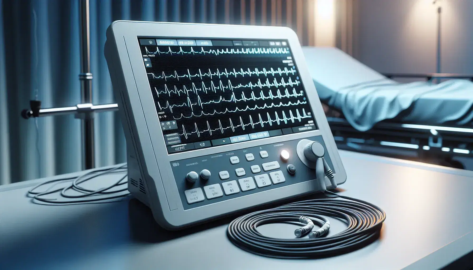 Máquina de electrocardiograma moderna con pantalla mostrando trazado típico de ECG y cables con electrodos al lado, sobre fondo de camilla hospitalaria.