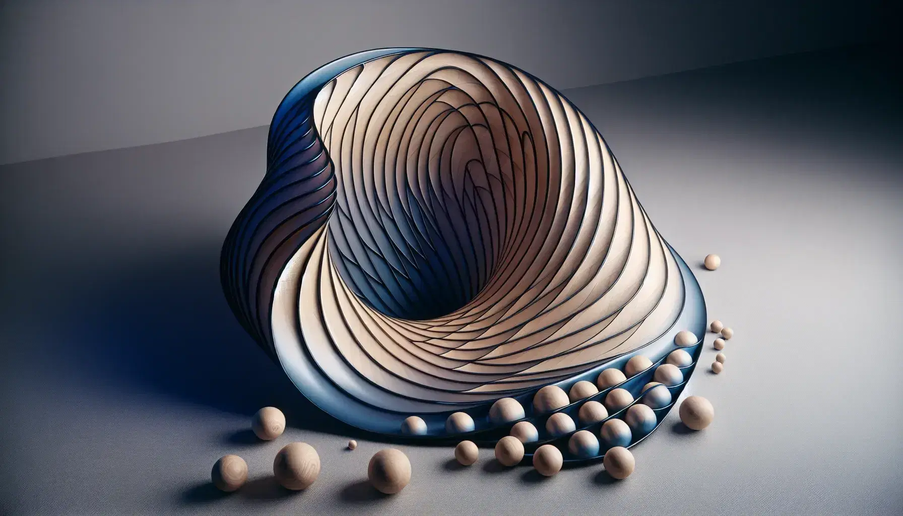 Hyperbolic plane model with gradient blue hues and uniformly spaced wooden spheres on a neutral background, beside a polished mahogany Euclidean sphere on a matte surface.