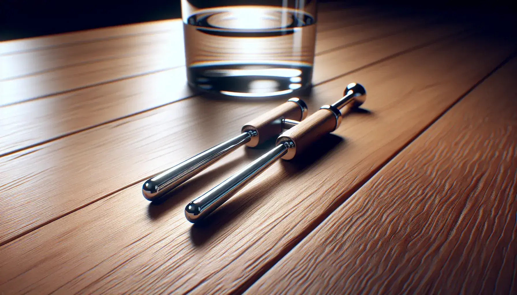 Close-up of a shiny metallic tuning fork on a wooden table with a half-filled beaker of clear water in the background, soft lighting enhancing textures.