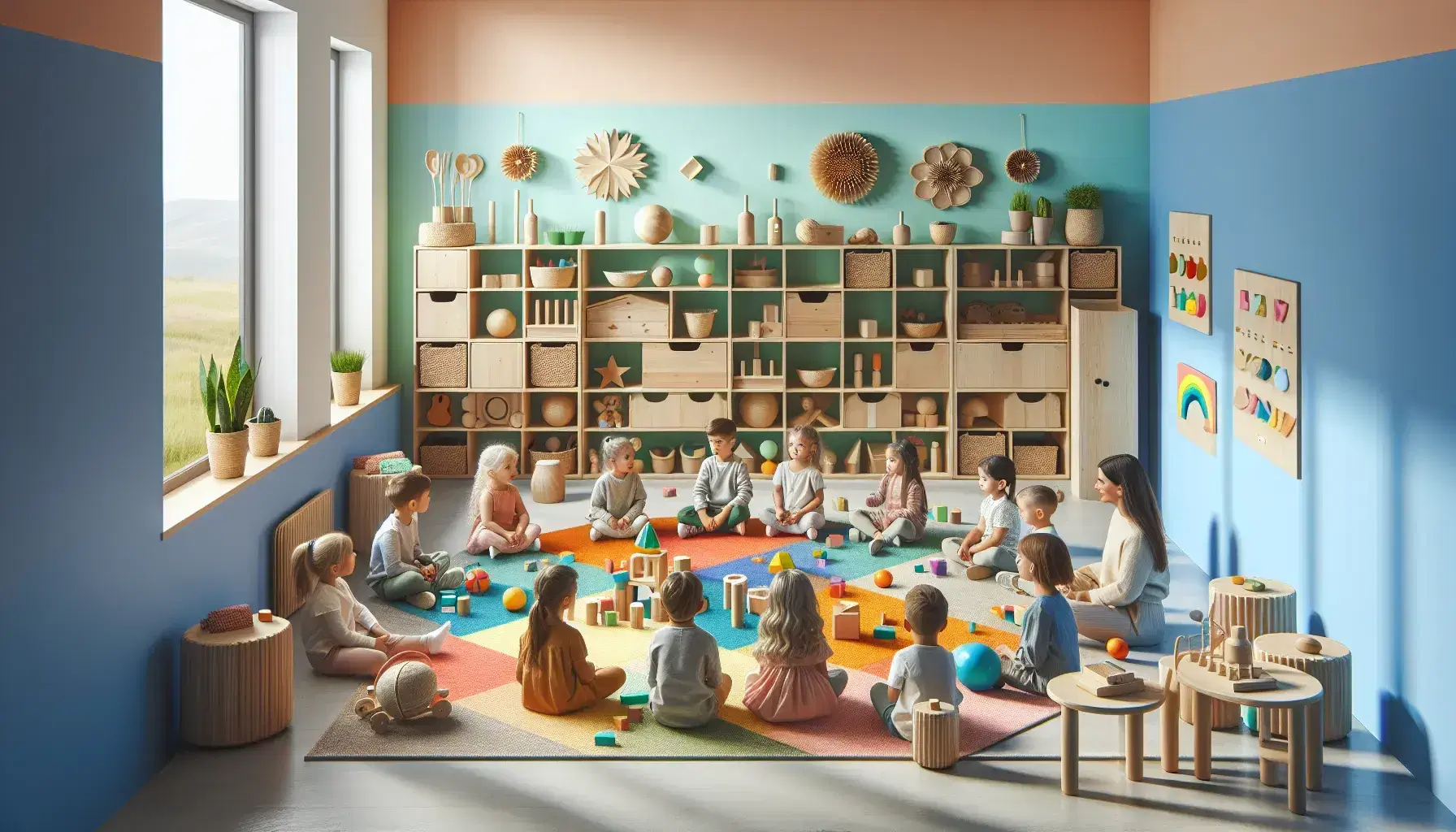 Aula colorata con bambini seduti su tappeto multicolore che giocano con blocchi di legno e materiali sensoriali, insegnante osserva serena.