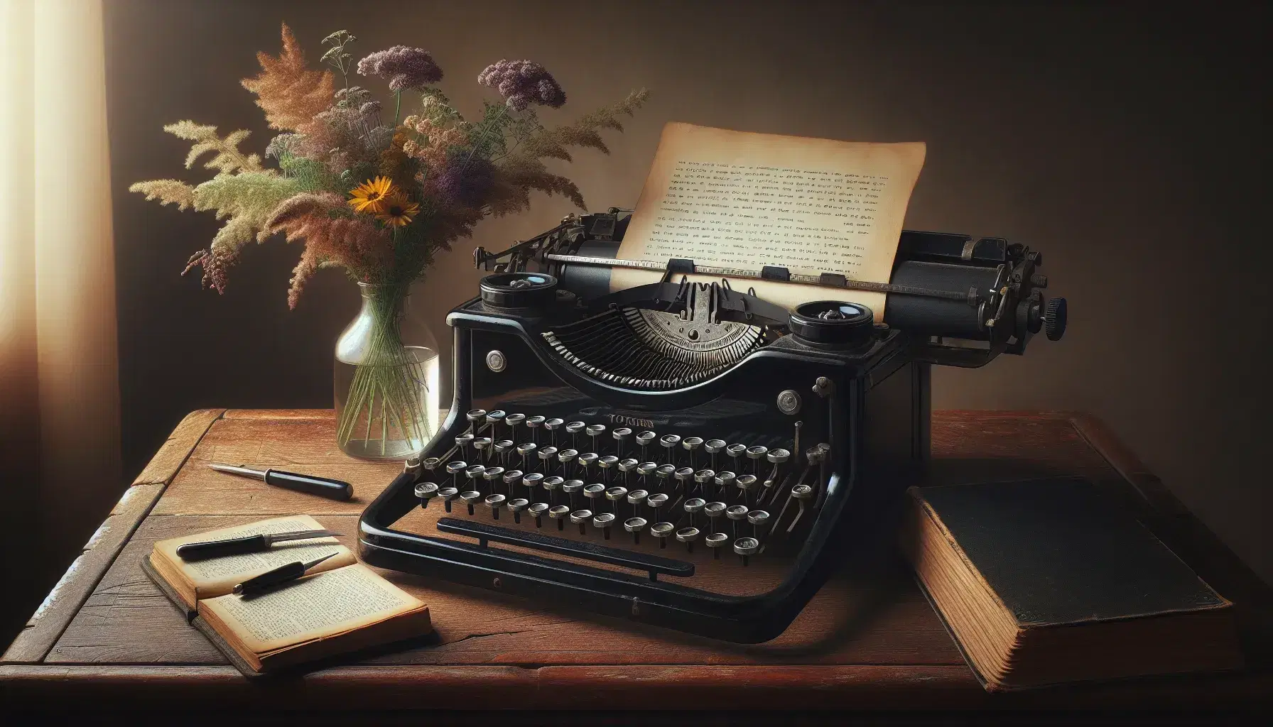 Vintage typewriter on a wooden desk with an open book and a vase of wildflowers, evoking a nostalgic and creative atmosphere.