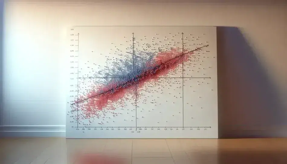 Pizarra blanca con dos gráficos de dispersión, uno con puntos azules sin patrón y otro con puntos rojos en tendencia lineal ascendente marcada por una línea negra.