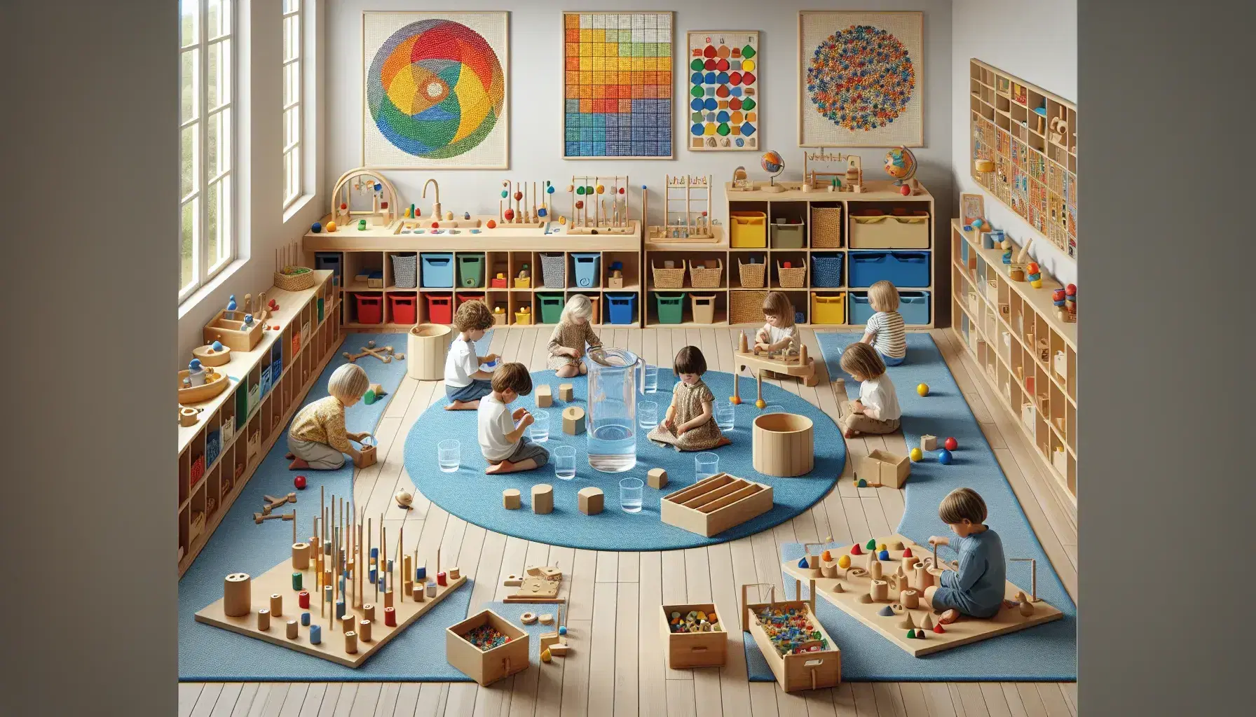 Aula Montessori colorata con bambini impegnati in attività pratiche, insegnante osserva, mobili bassi con materiali didattici e pareti decorate.