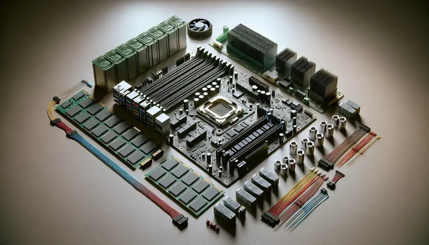 Componentes electrónicos de computadora con placa madre, microprocesador, módulos de RAM y tarjeta gráfica dispuestos ordenadamente en superficie neutra.