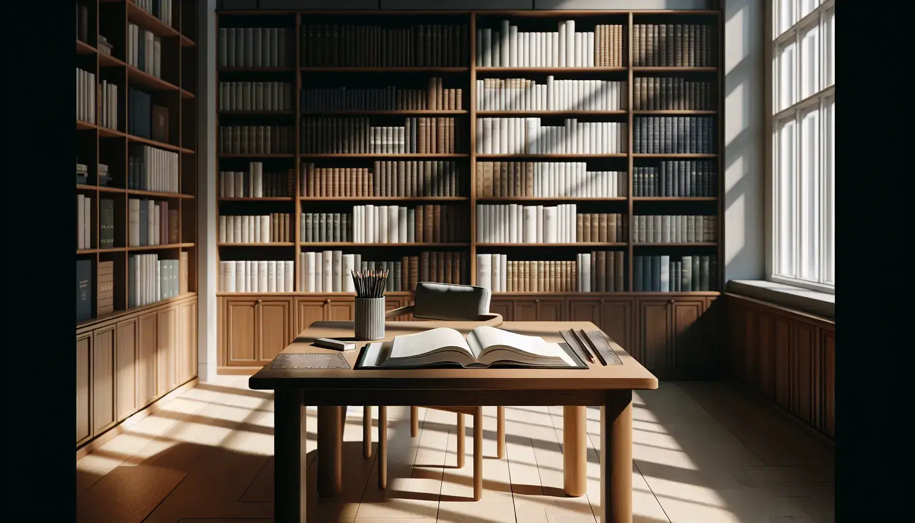 Biblioteca iluminada con estantes de madera oscura llenos de libros, mesa con libro abierto, lápiz y regla transparente, silla con cojín azul claro y luz natural.