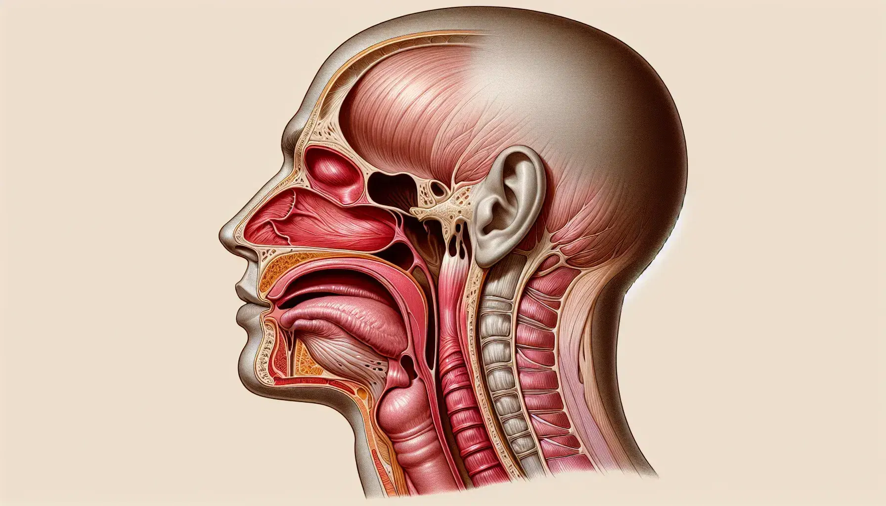 Corte lateral de cabeza humana mostrando anatomía interna con laringe, faringe, cavidad oral y nasal, y músculos del cuello en tonos rosados y rojizos.