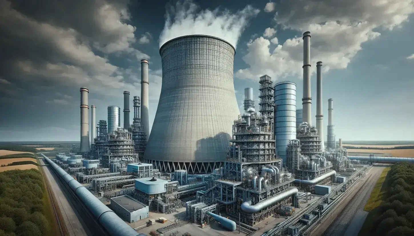 Centrale termoelettrica con torre di raffreddamento iperbolica e vapor acqueo, strutture metalliche, serbatoi e cielo azzurro.