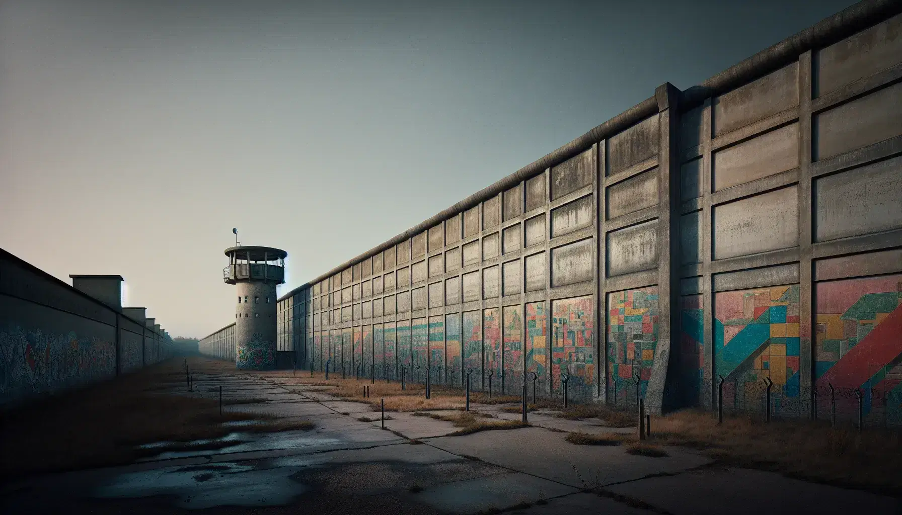 Concrete wall with a watchtower and a colorful abstract mural under a gradient blue sky, surrounded by overgrown grass in a deserted area.
