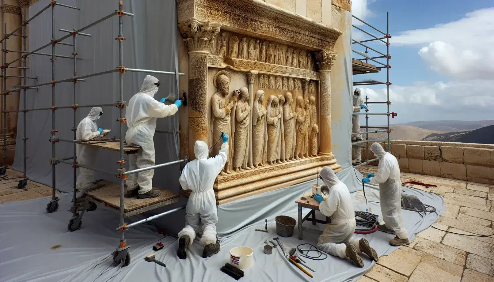 Restauradores trabajando meticulosamente en columna histórica con relieves, usando pinceles y herramientas en un día claro.