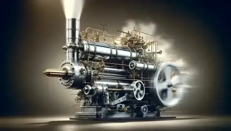Steam engine in operation with shimmering cylindrical boiler, moving piston and escaping steam, on blurred background.