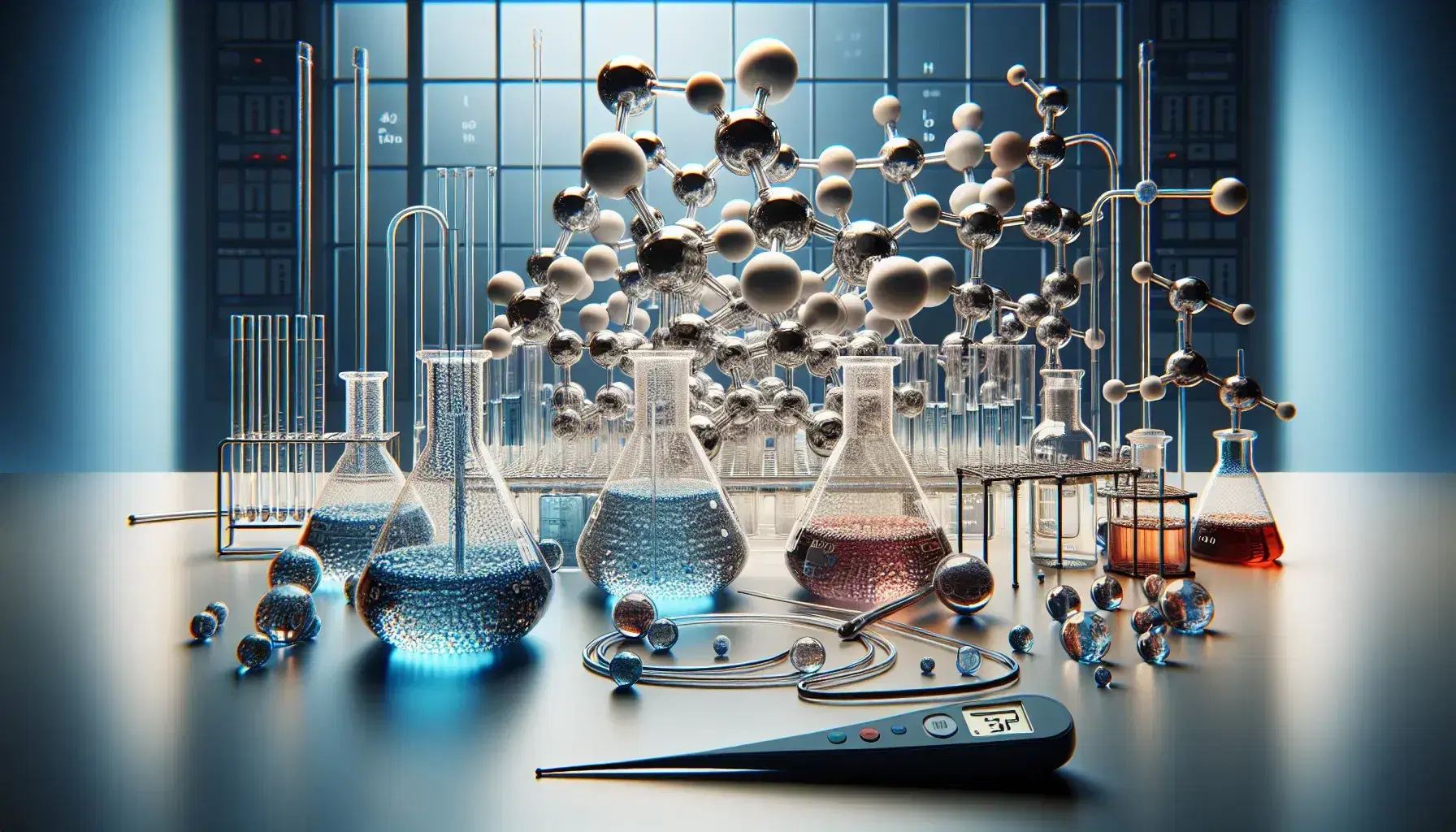 Laboratory bench with colorful liquids in round-bottom flasks connected by glass tubing, a digital thermometer, a complex molecule model, and a Petri dish with bacterial growth.