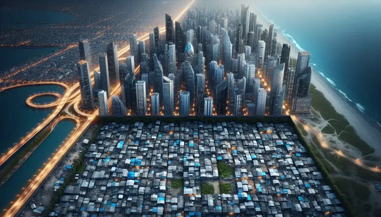 Vista aérea contrastante de una metrópolis moderna con rascacielos y un área con viviendas precarias y calles sin asfaltar.