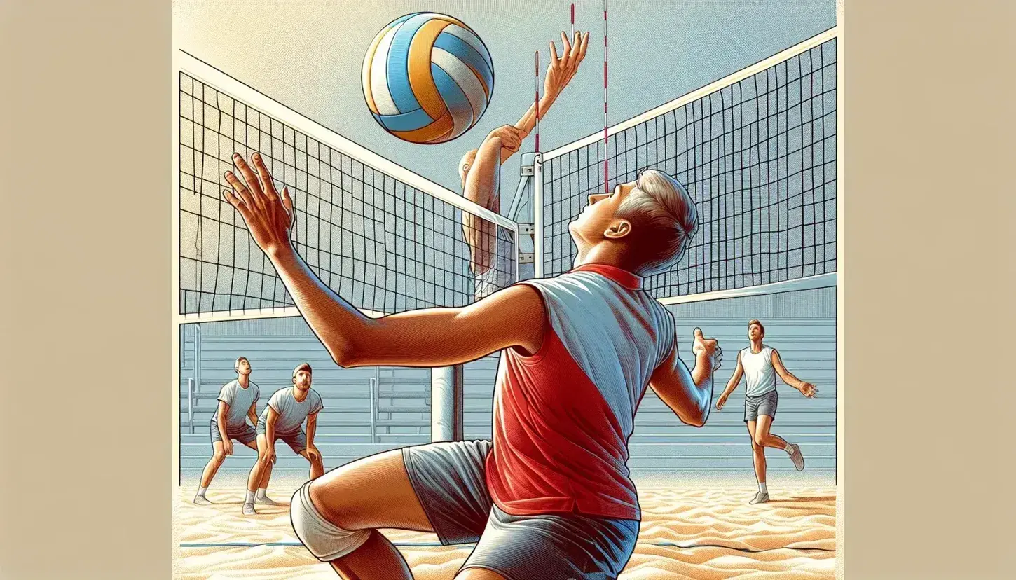Jugador de vóleibol en camiseta roja preparándose para golpear un balón en el aire en una cancha de arena, con red y otro jugador al fondo.