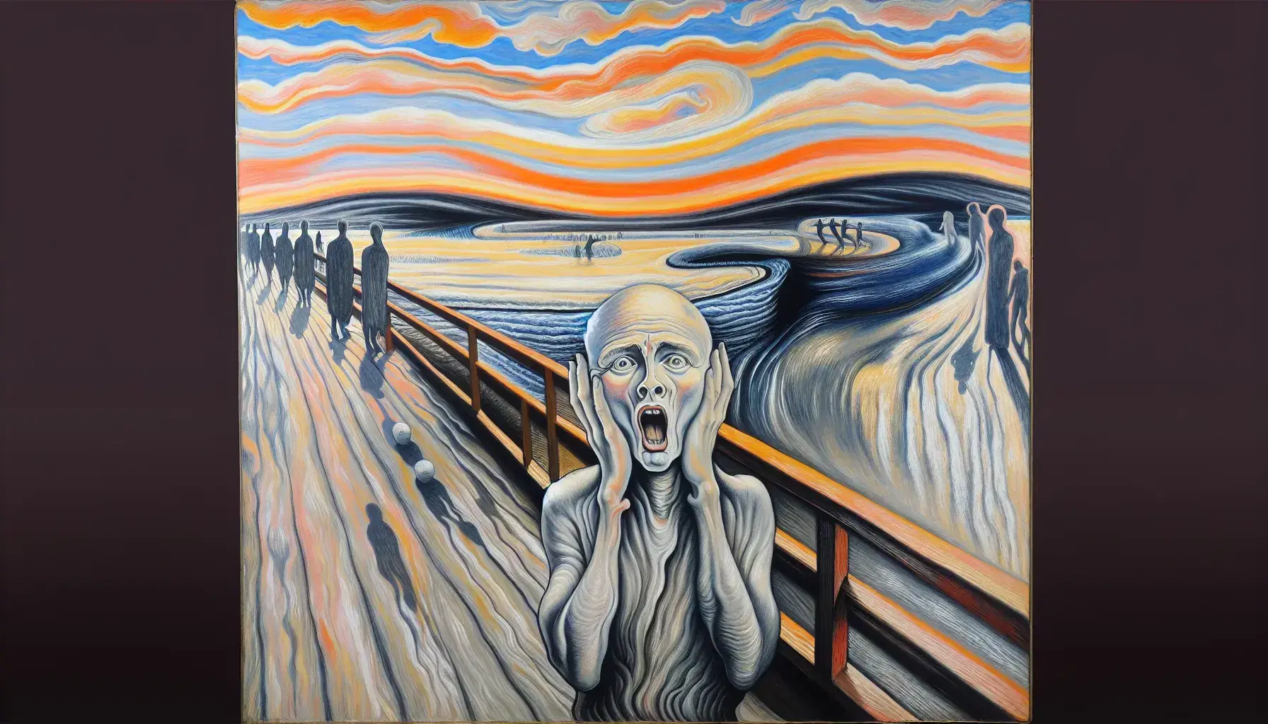 Ponte di legno che si estende verso l'orizzonte su sfondo di cielo e acqua in tonalità arancio, giallo e blu, figura in primo piano esprime angoscia.