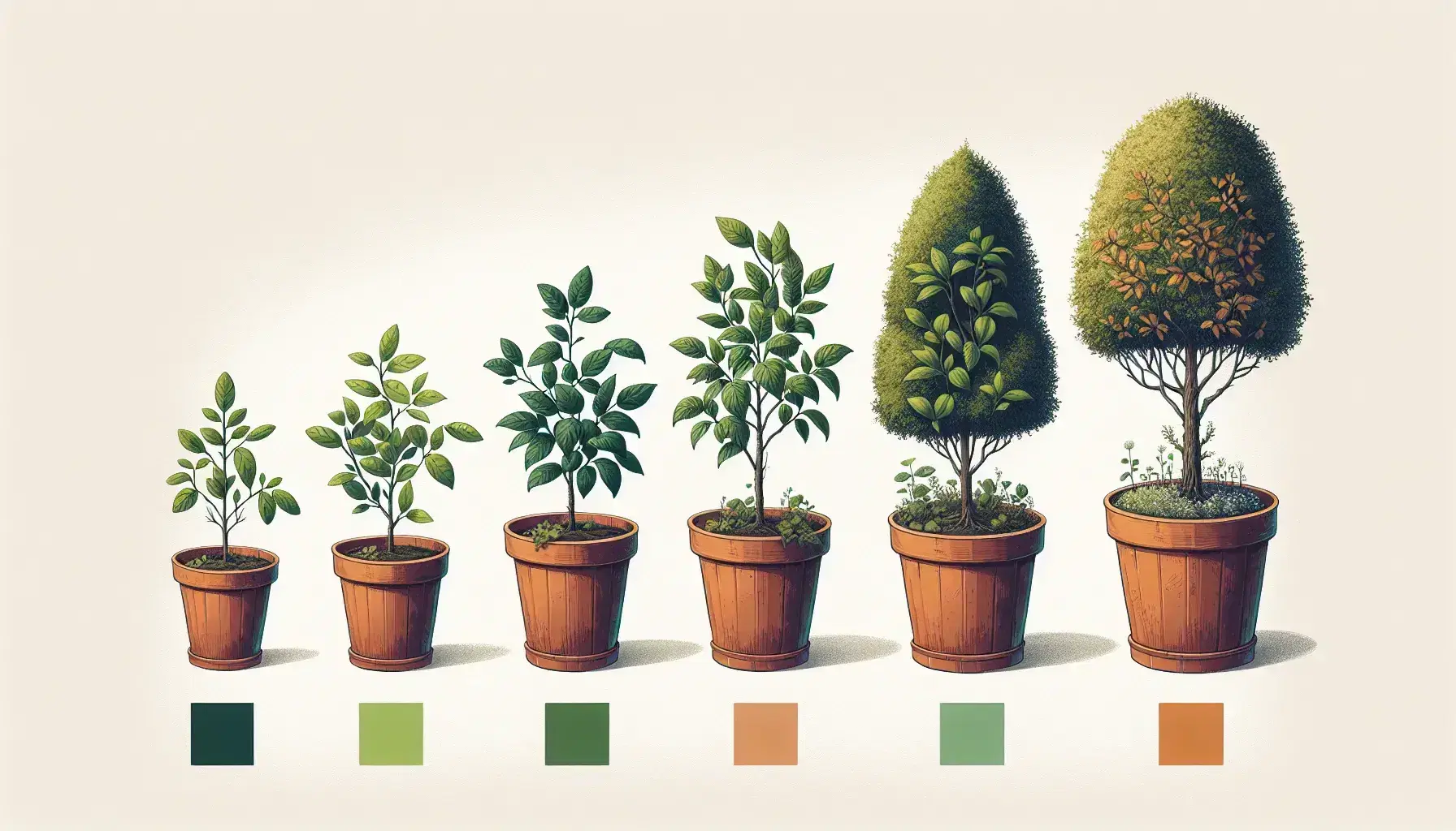 Four plants depicting product life cycle stages, from a vibrant green sapling to a full tree, then a mature tree, ending with a withering tree, all against a light backdrop.