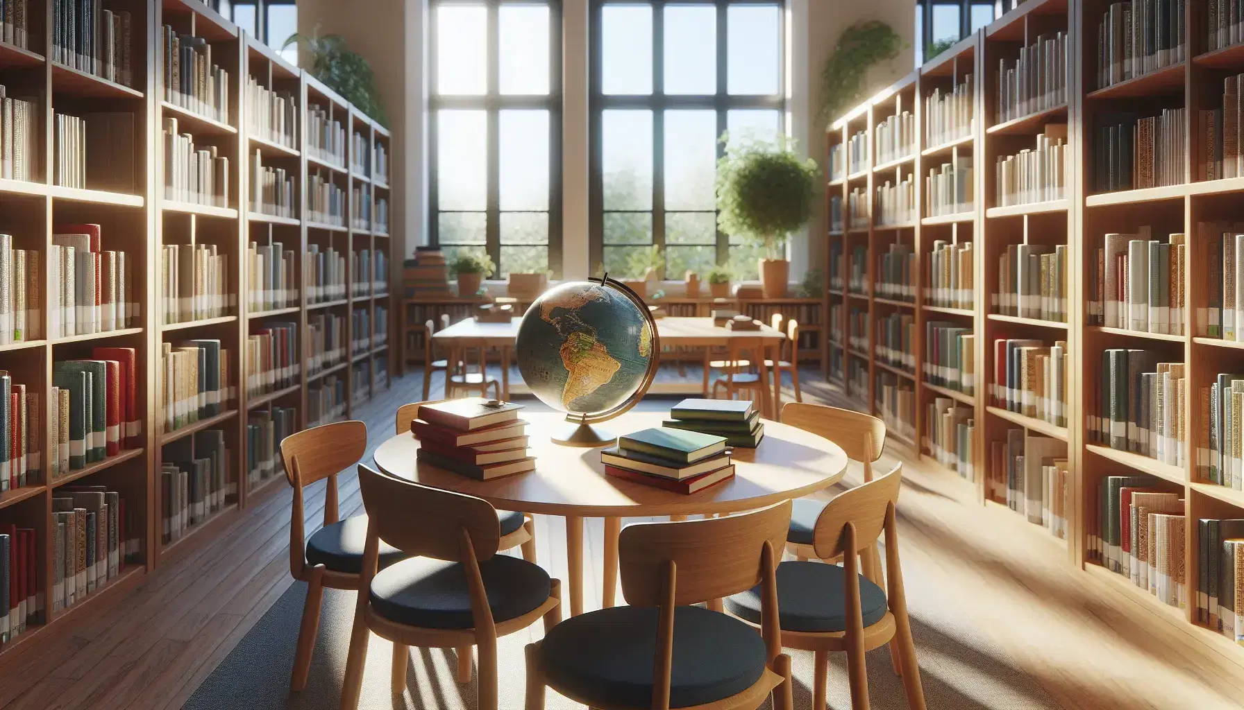 Biblioteca escolar con estantes de madera llenos de libros, mesa con libros apilados y un globo terráqueo, ventana grande que ilumina el espacio tranquilo.