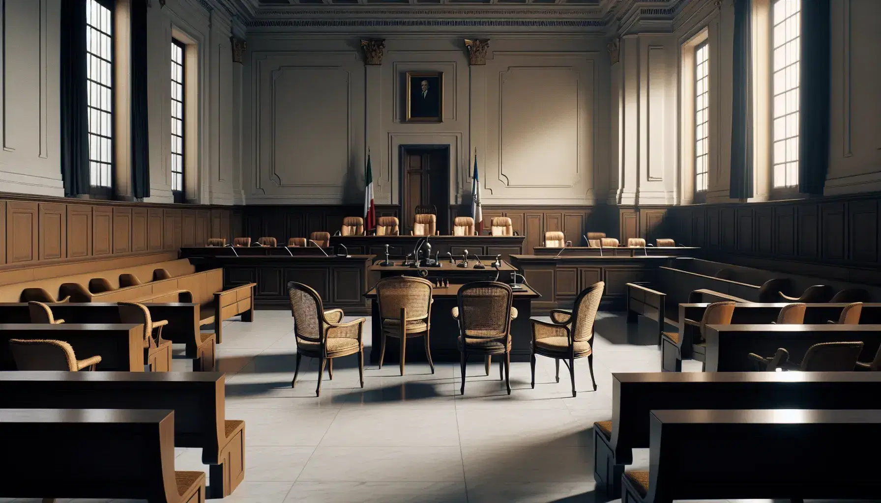 Interno vuoto di un'aula giudiziaria italiana con banco del giudice in legno scuro, sedie di paglia, scrivanie per avvocati e panche per il pubblico.
