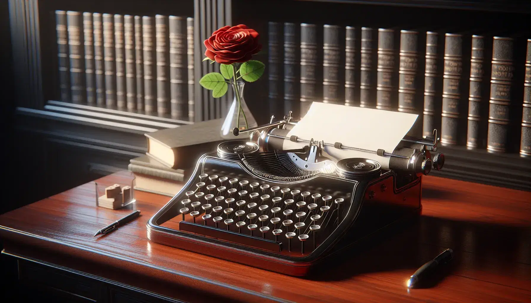 Vintage typewriter on a mahogany desk with a stack of white paper and a single red rose in a glass vase, soft lighting, blurred bookshelf background.